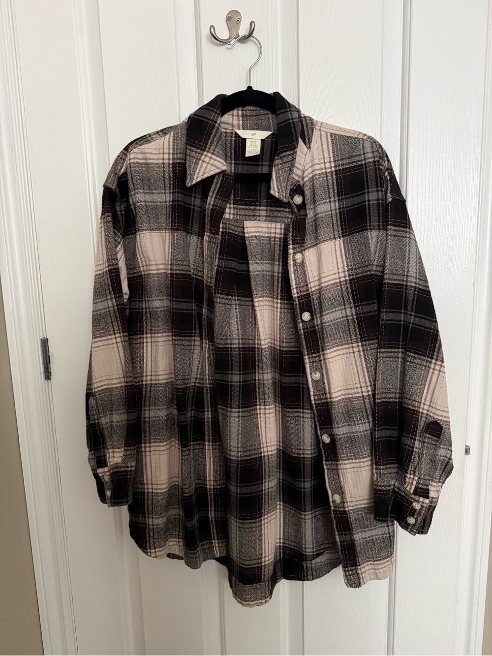 H&M Oversized Black & Cream Plaid Button-Down Shirt